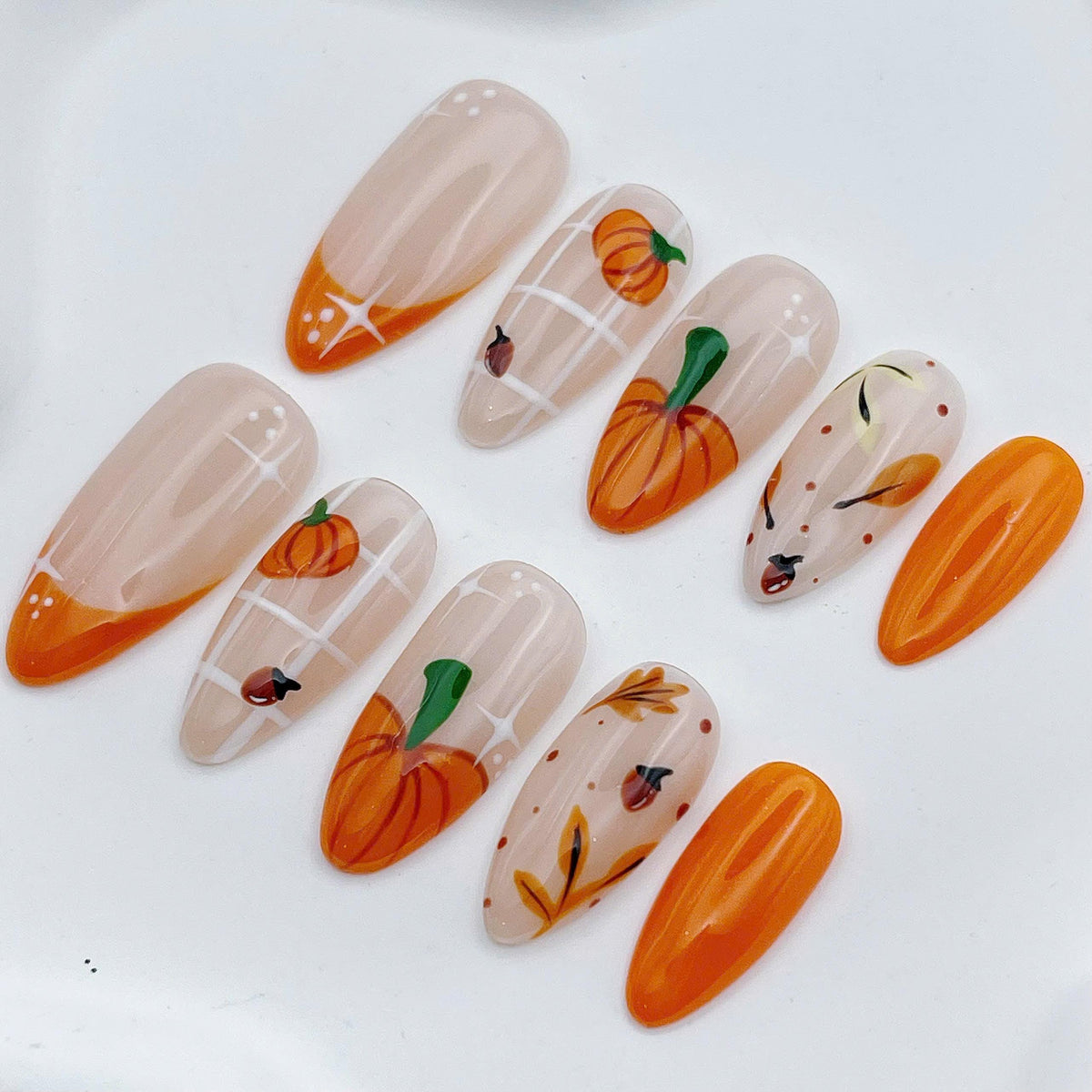 Orange Pumpkin and Autumn Leaf French Tip Nail Set