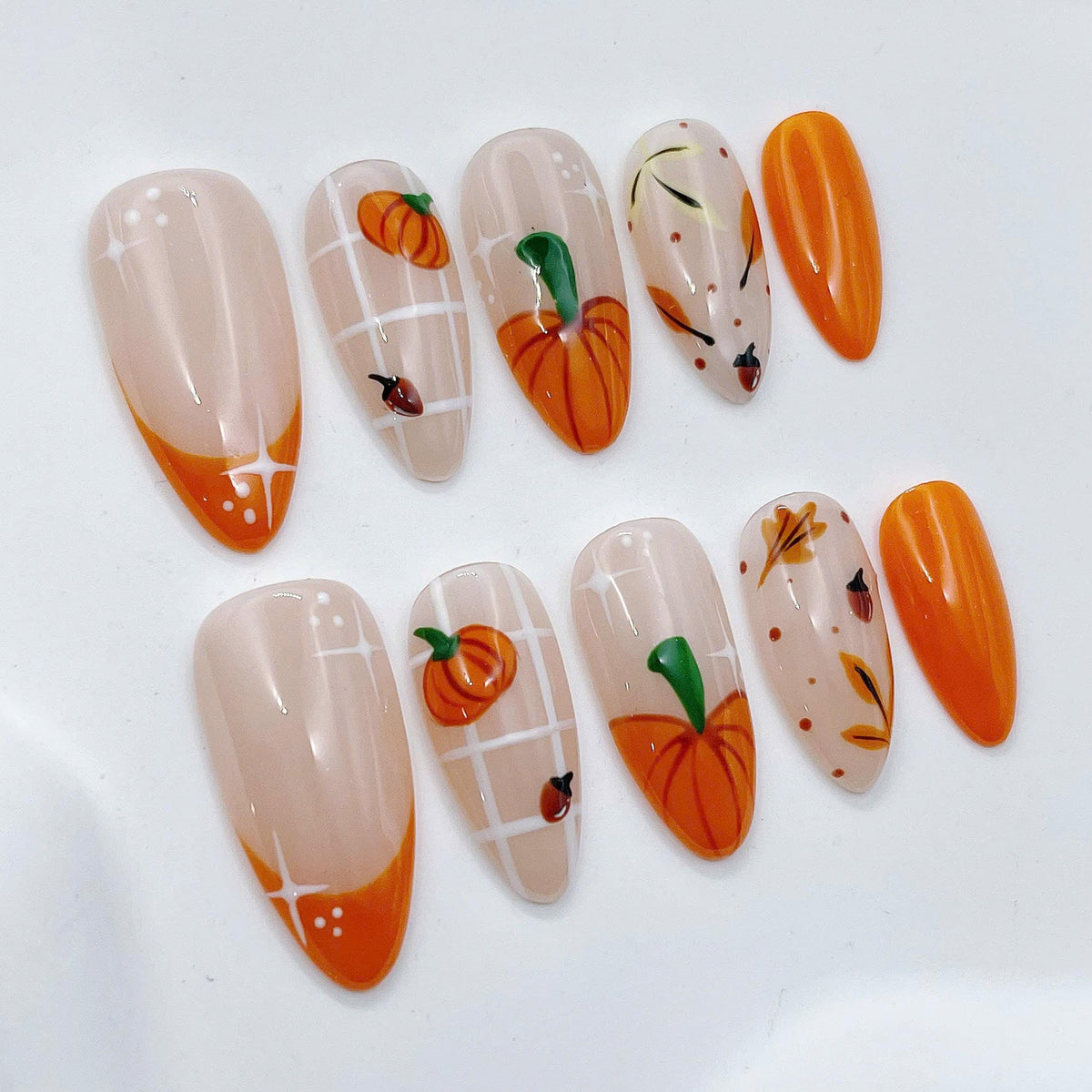 Orange Pumpkin and Autumn Leaf French Tip Nail Set