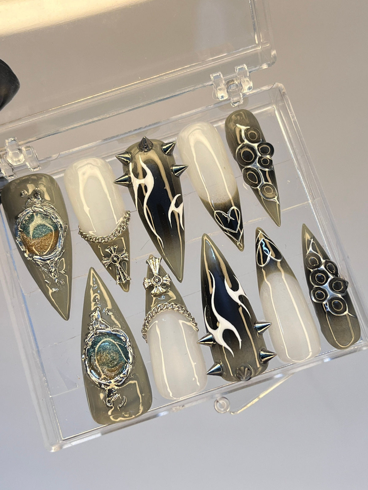 Ornate Black, Ivory & Olive-Gold Punk Emo Nail Set with Raised Embellishments