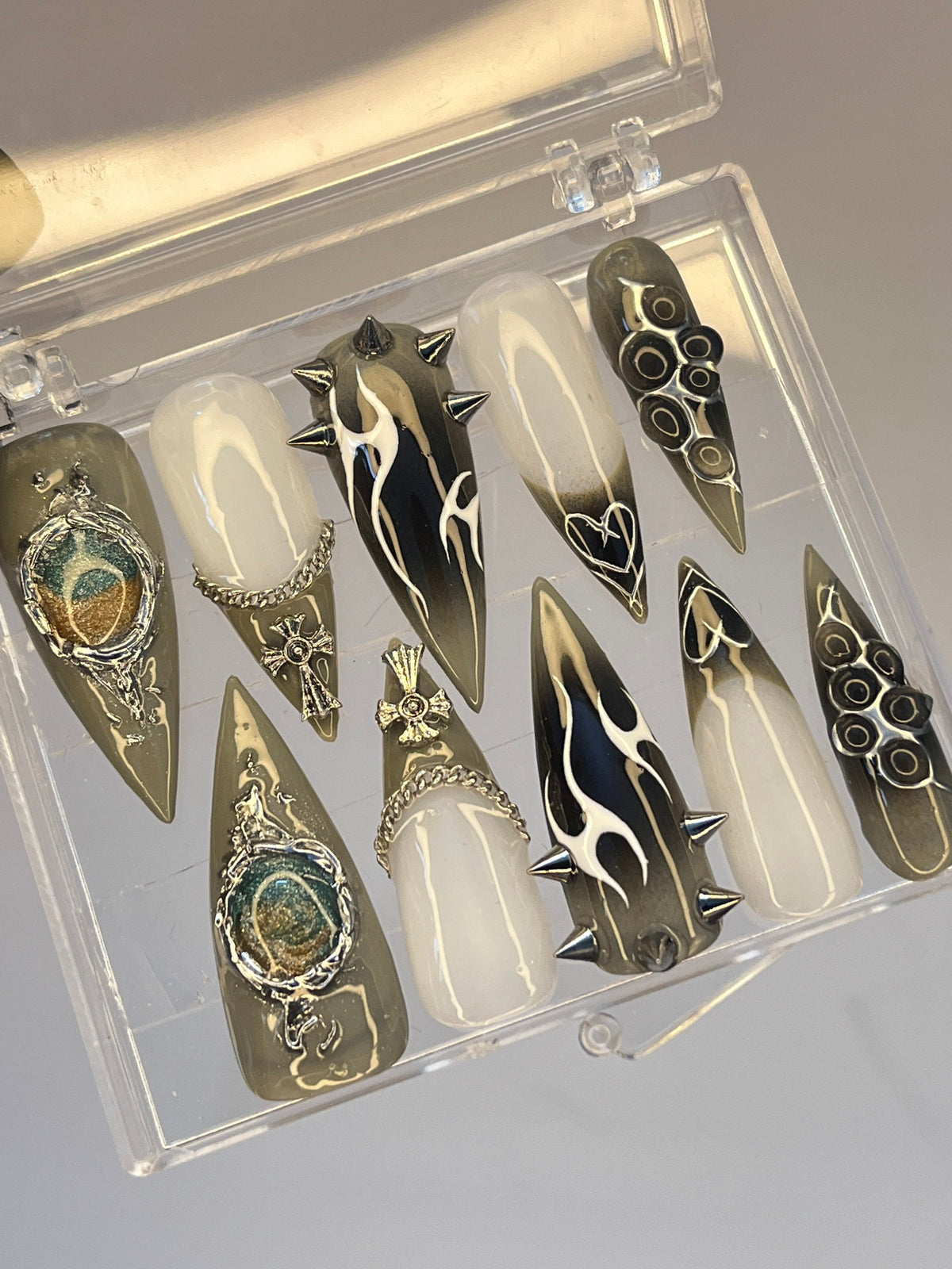 Ornate Black, Ivory & Olive-Gold Punk Emo Nail Set with Raised Embellishments