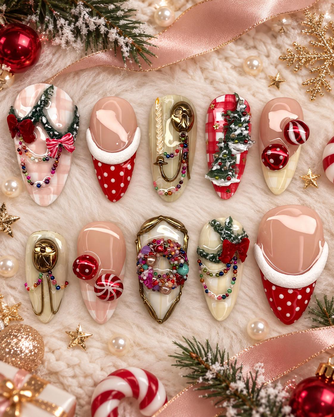 Ornate Christmas Press-On Nails With 3D Wreaths, Plaid, Bows and Candy Accents