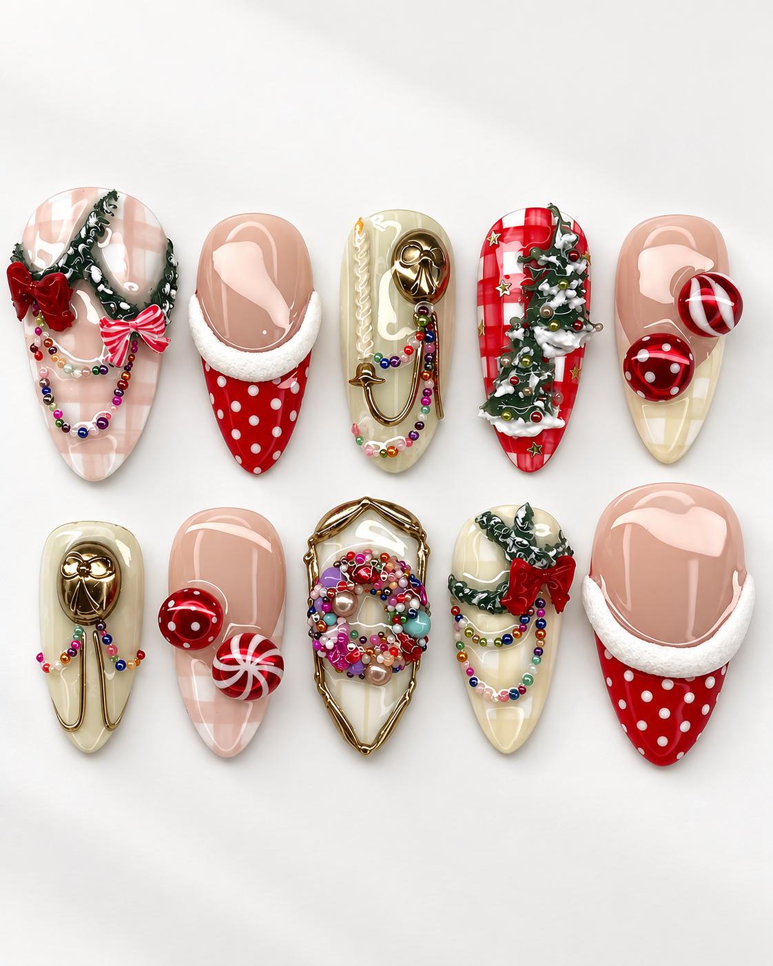 Ornate Christmas Press-On Nails With 3D Wreaths, Plaid, Bows and Candy Accents
