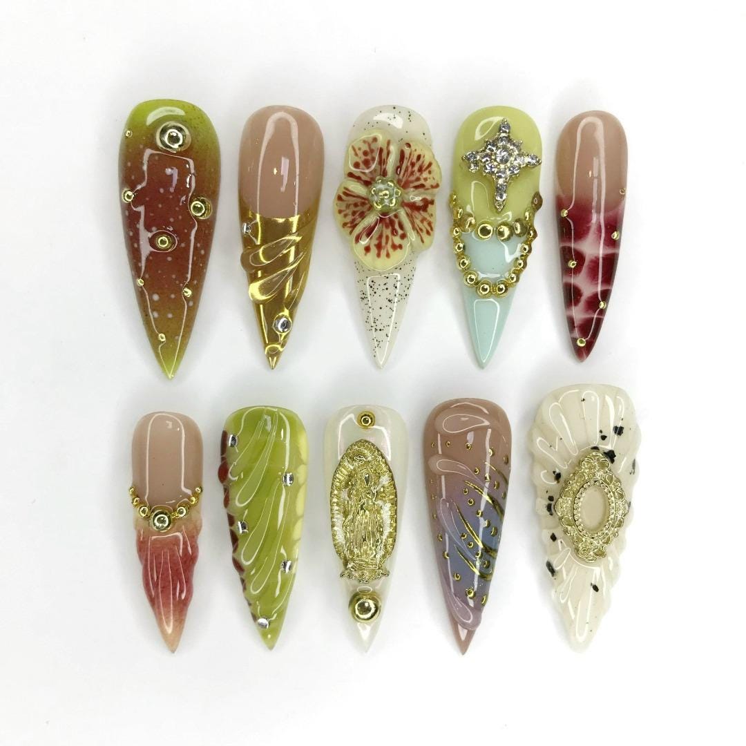 Ornate Green and Burgundy Floral Nails with Gold Details