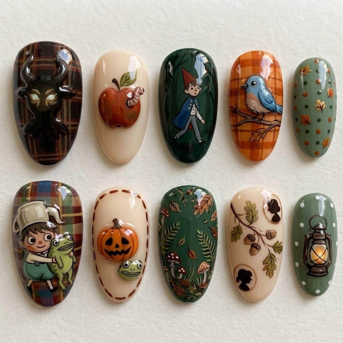 Over the Garden Wall Autumn Plaid Press On Nails with Characters, Mushrooms, and 3D Fruit