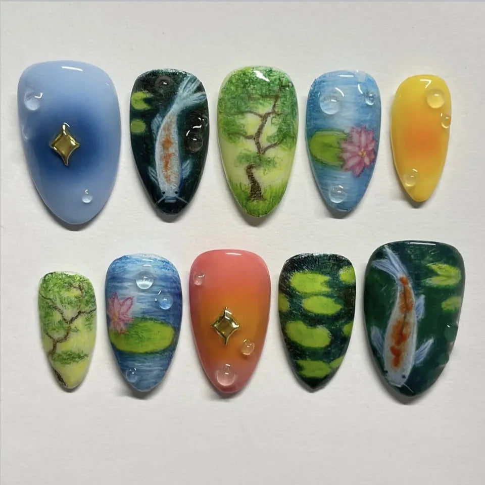 Painterly Koi Fish and Garden Landscape Nail Set in Blue, Green, Yellow, and Coral