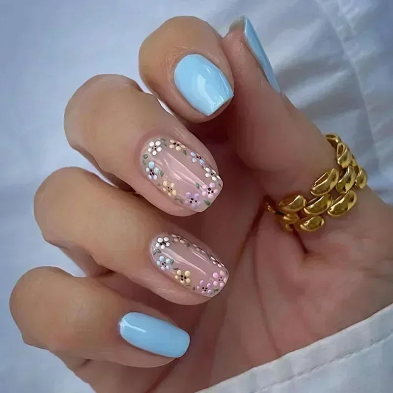 Pale Blue and Blush Floral Line Art Nail Set