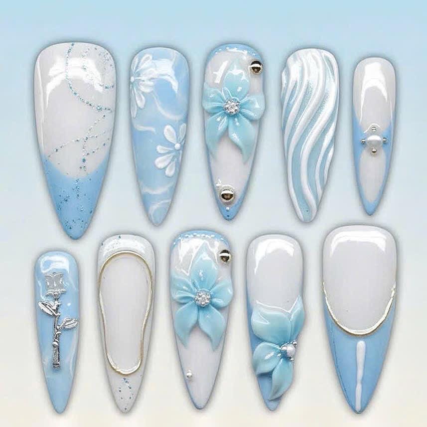 Pale Blue and White Marble Floral Bridal Nails with Raised Flowers and Silver Details