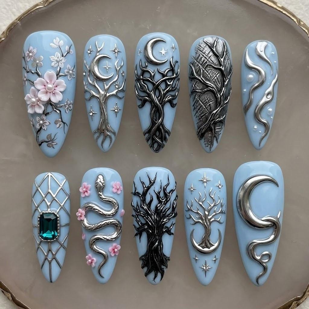 Pale Blue Celestial Press-On Nails with Raised Moons, Trees, Serpent, Flowers and Teal Stone