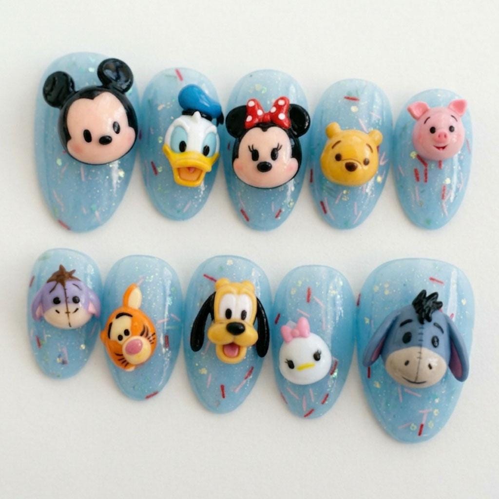 Pale Blue Glitter Press On Nails With Colorful 3D Cartoon Character Faces