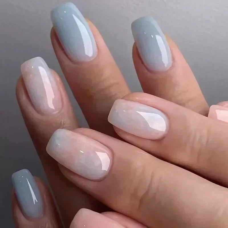 Pale Blue Gray and Blush Pink Glossy Press-On Nail Set