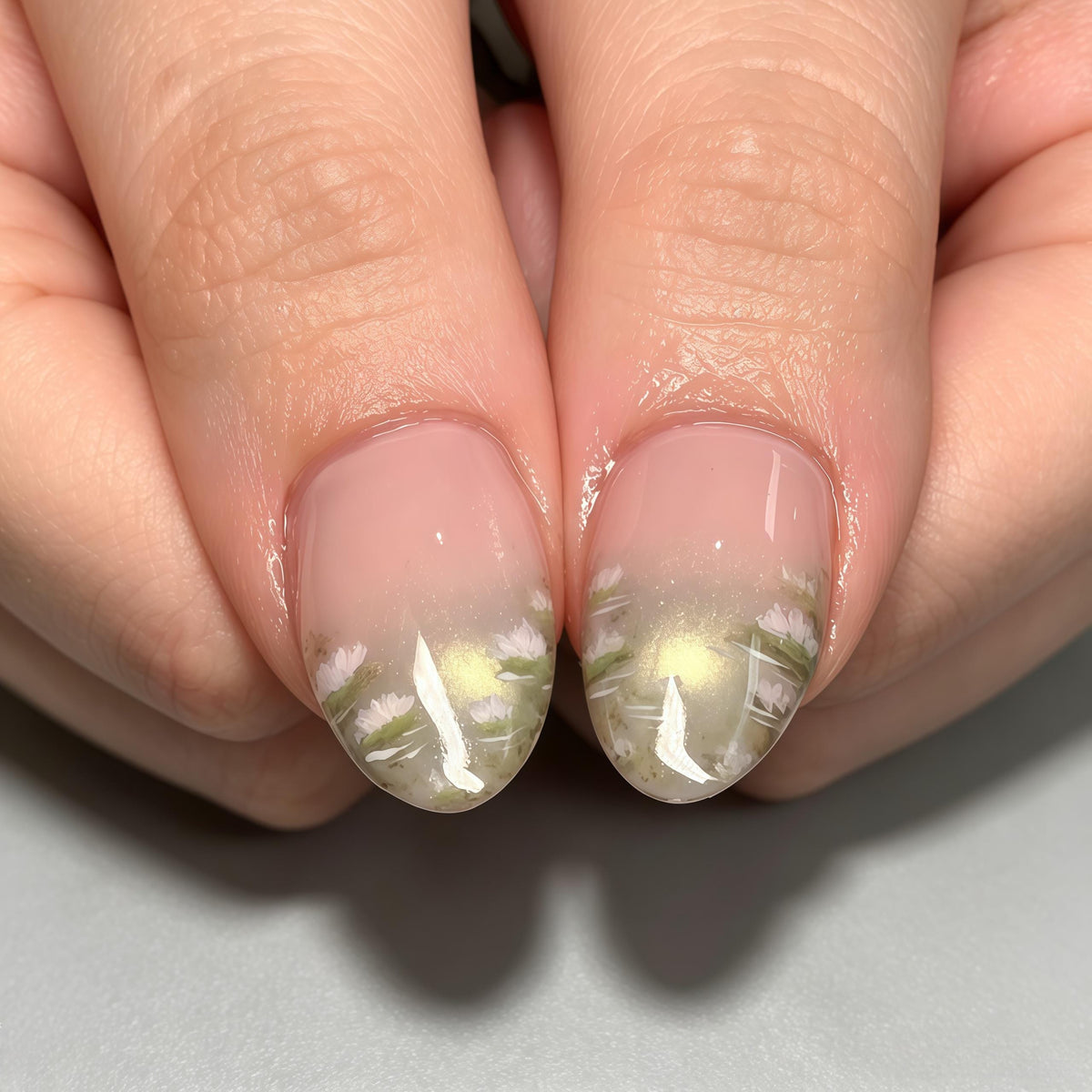 Pale Green and Lilac Floral Nails with Gold Foil Accents