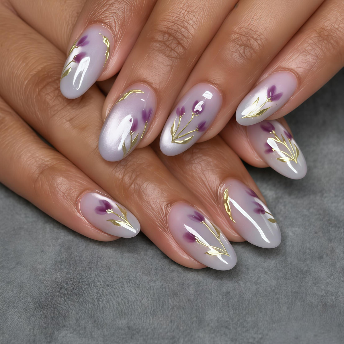 Pale Lavender Floral Nails with Gold Botanical Details
