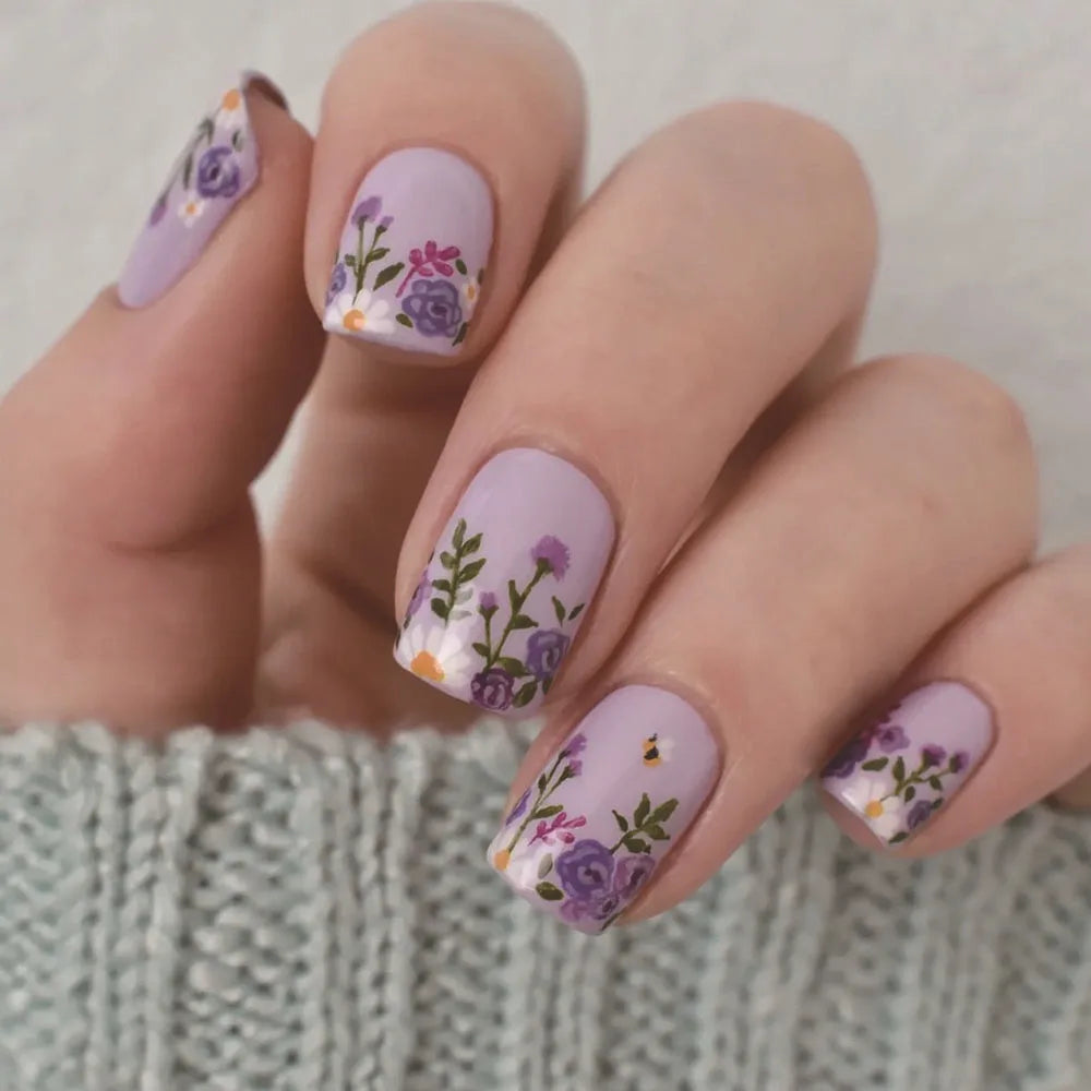 Pale Lavender Wildflower Press On Nails with Purple Blooms and Greenery