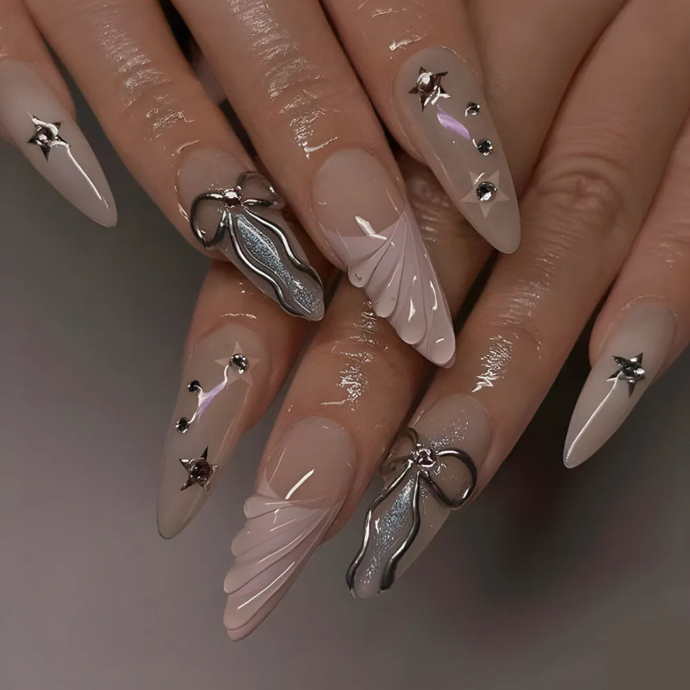 Pale Pink 3D Petal Press On Nails with Silver Accents and Rhinestones