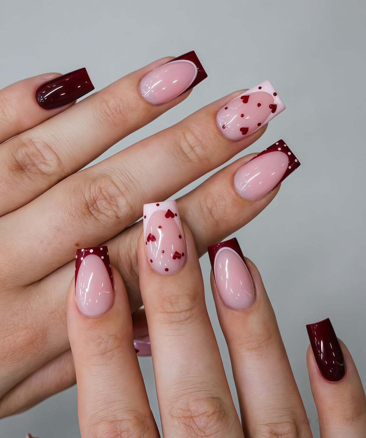 Pale Pink and Burgundy Heart Polka Dot French Tip Nail Set