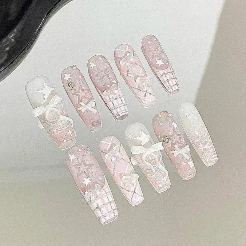 Pale Pink and White Celestial Bow Press On Nails with Plaid and Lace Details