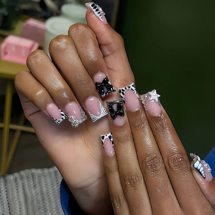 Pale Pink Cow Print French Tip Press On Nail Set with Rhinestones and Bow Charms