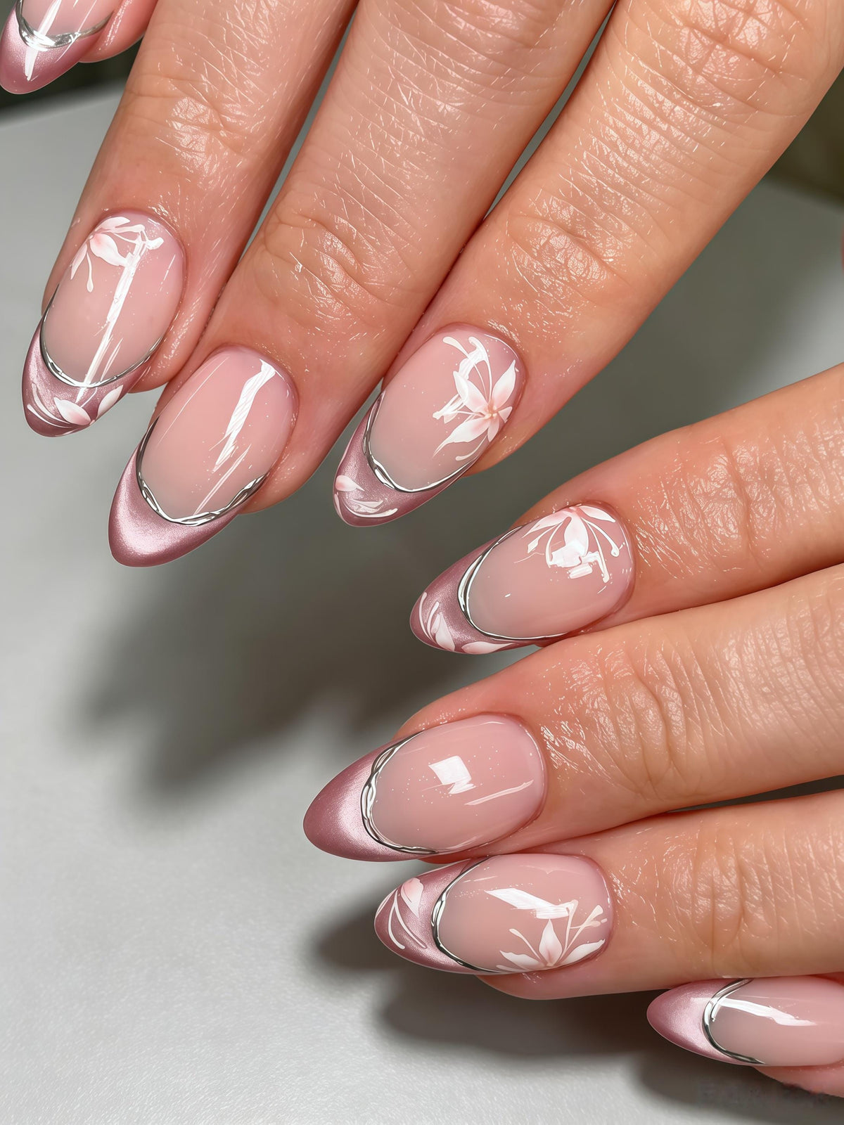Pale Pink Lotus Press On Nails With Silver Metallic Rims
