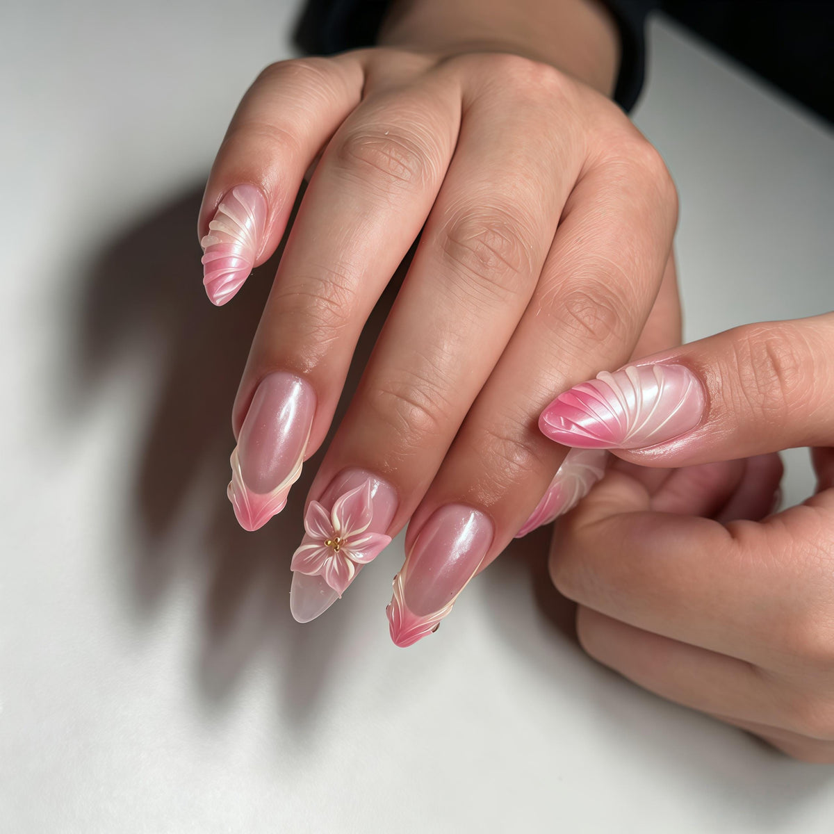 Pale Pink Pearlescent French Tip Nails With 3D Flowers