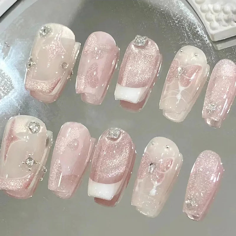 Pale Pink Shimmer French Tip Nails With Silver Rhinestones