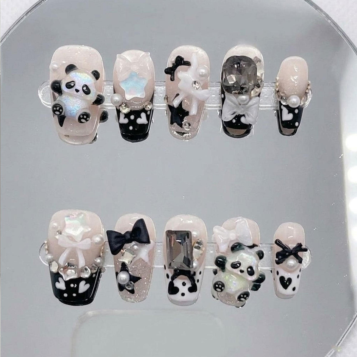 Panda Bow and Pearl French Tip Press On Nails