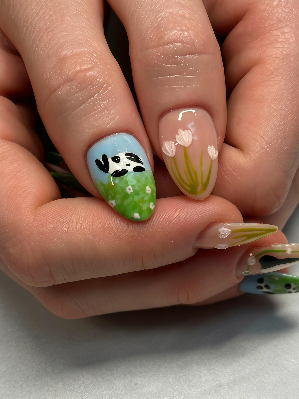 Panda Garden Nails With Blue, Green, and Floral Hand-Painted Art