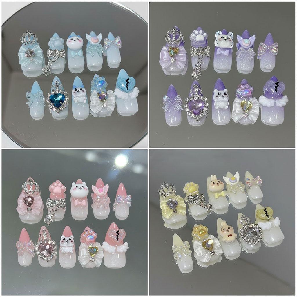 Pastel 3D Animal Princess Nails with Crowns, Bows and Rhinestones
