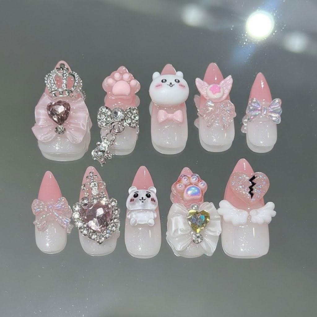 Pastel 3D Animal Princess Nails with Crowns, Bows and Rhinestones
