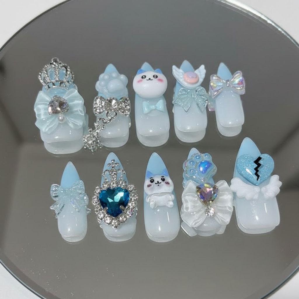 Pastel 3D Animal Princess Nails with Crowns, Bows and Rhinestones