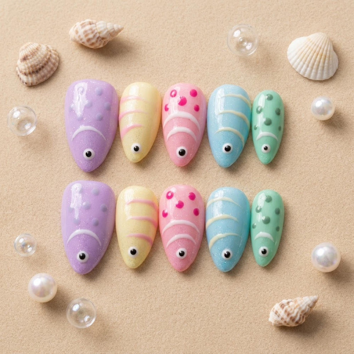 Pastel 3D Fish Summer Ocean Press On Nails in Lavender, Yellow, Pink, Blue & Mint