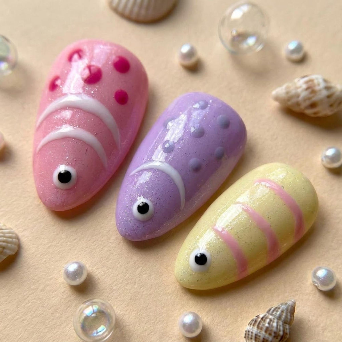 Pastel 3D Fish Summer Ocean Press On Nails in Lavender, Yellow, Pink, Blue & Mint