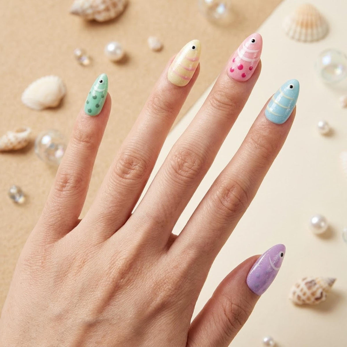 Pastel 3D Fish Summer Ocean Press On Nails in Lavender, Yellow, Pink, Blue & Mint
