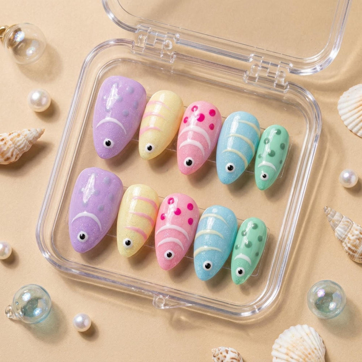 Pastel 3D Fish Summer Ocean Press On Nails in Lavender, Yellow, Pink, Blue & Mint