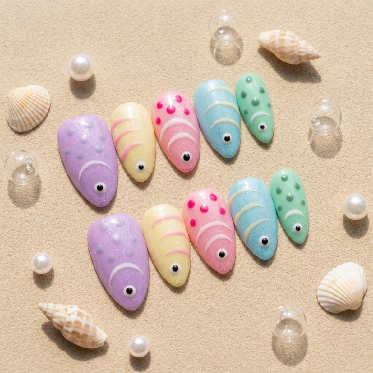 Pastel 3D Fish Summer Ocean Press On Nails in Lavender, Yellow, Pink, Blue & Mint