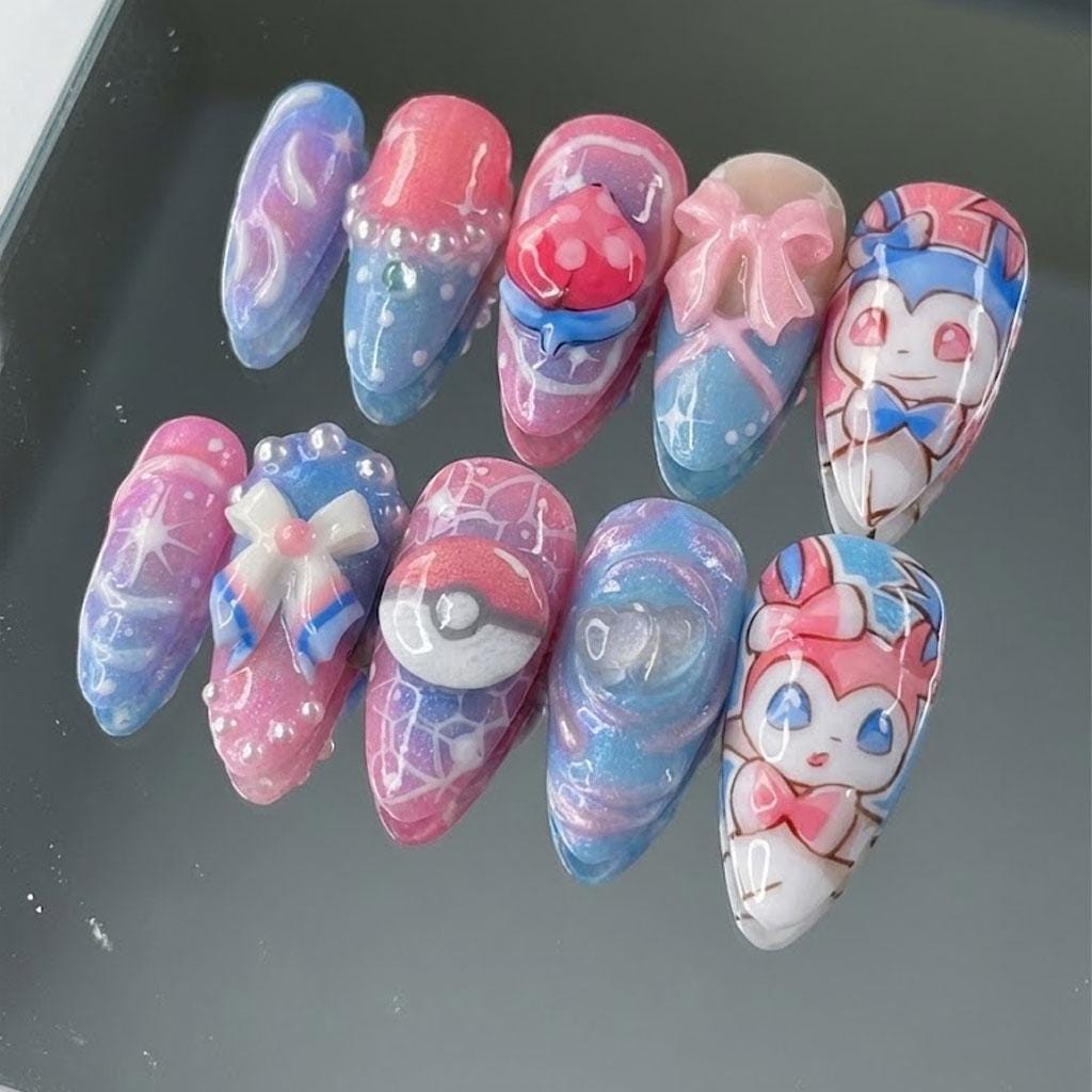 Pastel Anime Character Nails With 3D Bows, Pearls and Marbled Patterns