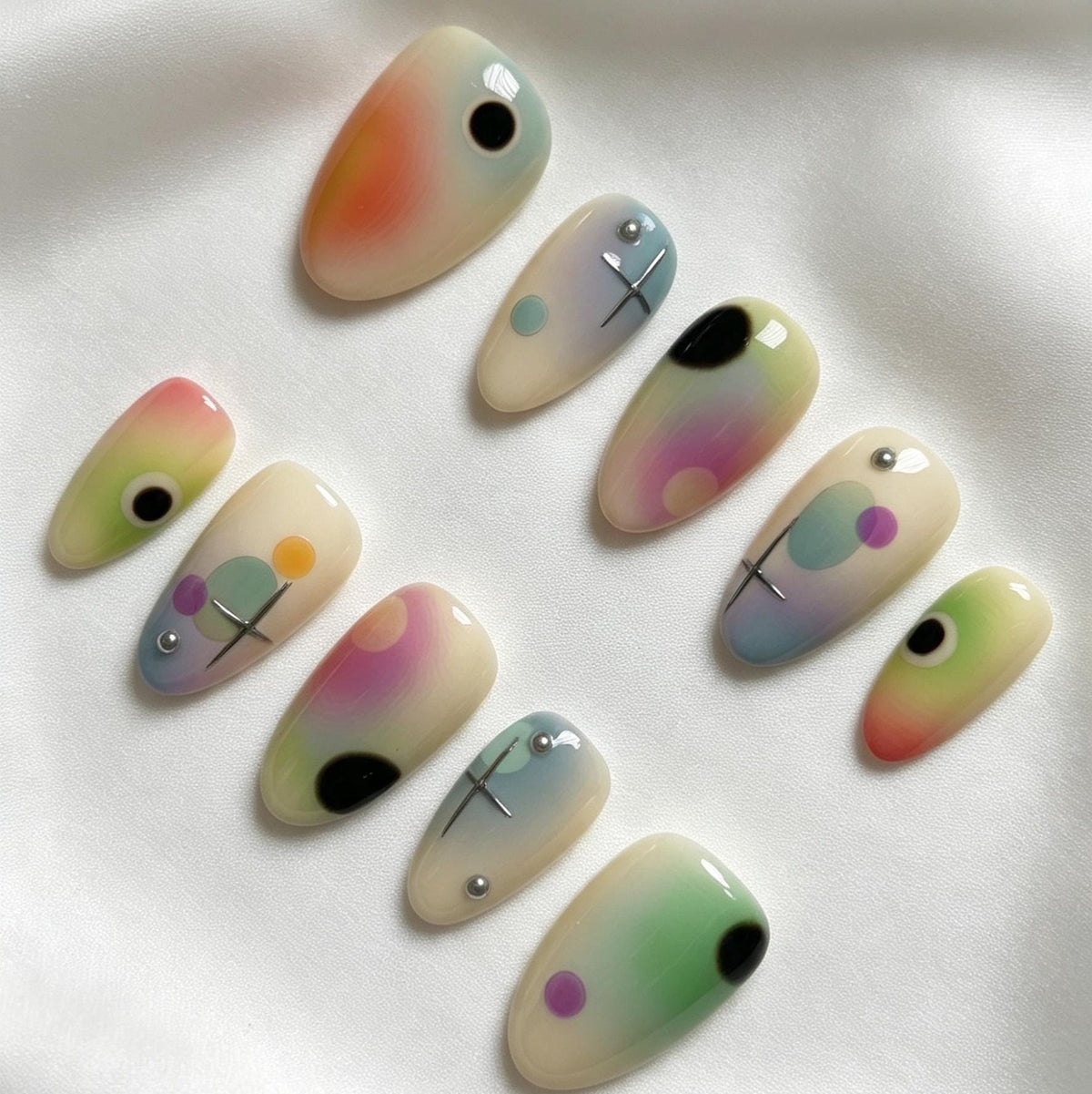 Pastel Aura Gradient Nails with Celestial Dots and Silver Accents