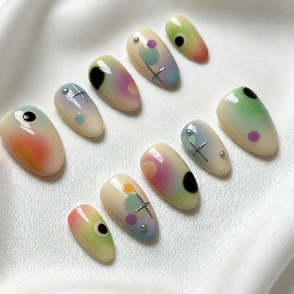 Pastel Aura Gradient Nails with Celestial Dots and Silver Accents