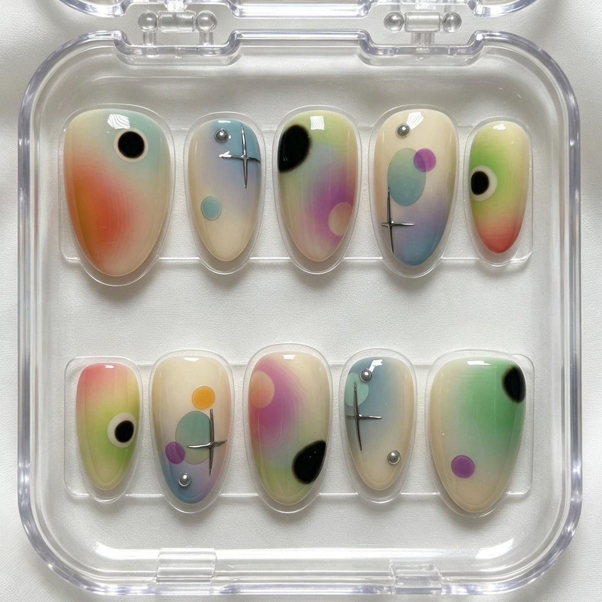 Pastel Aura Gradient Nails with Celestial Dots and Silver Accents