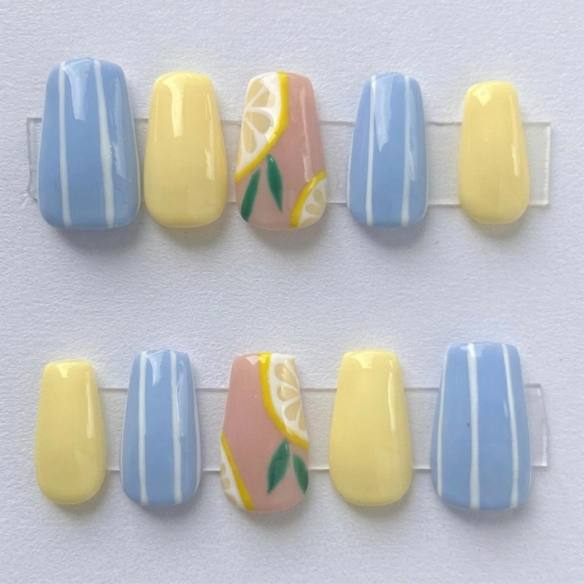 Pastel Blue Striped and Lemon Slice Press On Nails