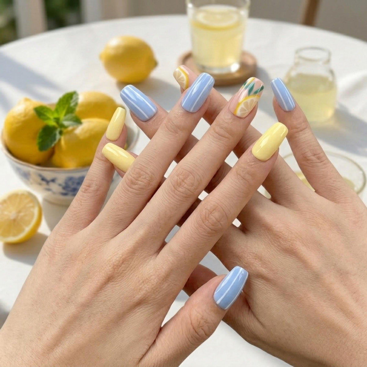 Pastel Blue Striped and Lemon Slice Press On Nails