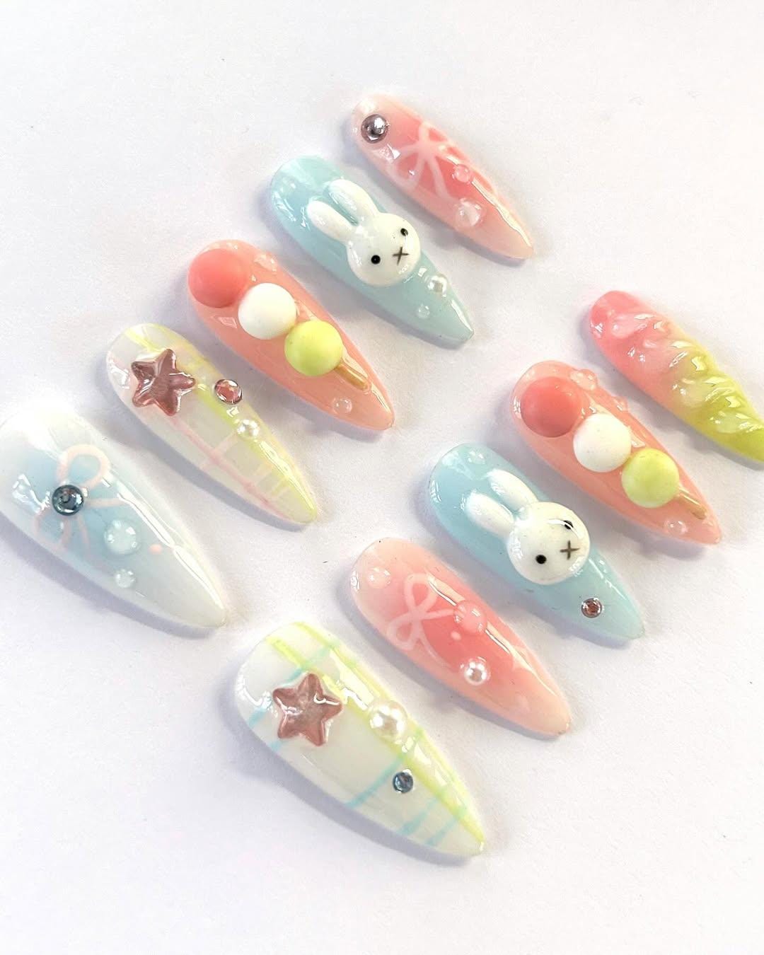 Pastel Bunny and Dango Nails with Plaid, Bows, Stars, and Rhinestones
