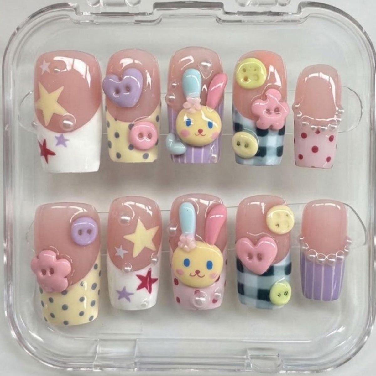 Pastel Bunny Press-On Nails With 3D Buttons, Hearts, Plaid and Polka Dots