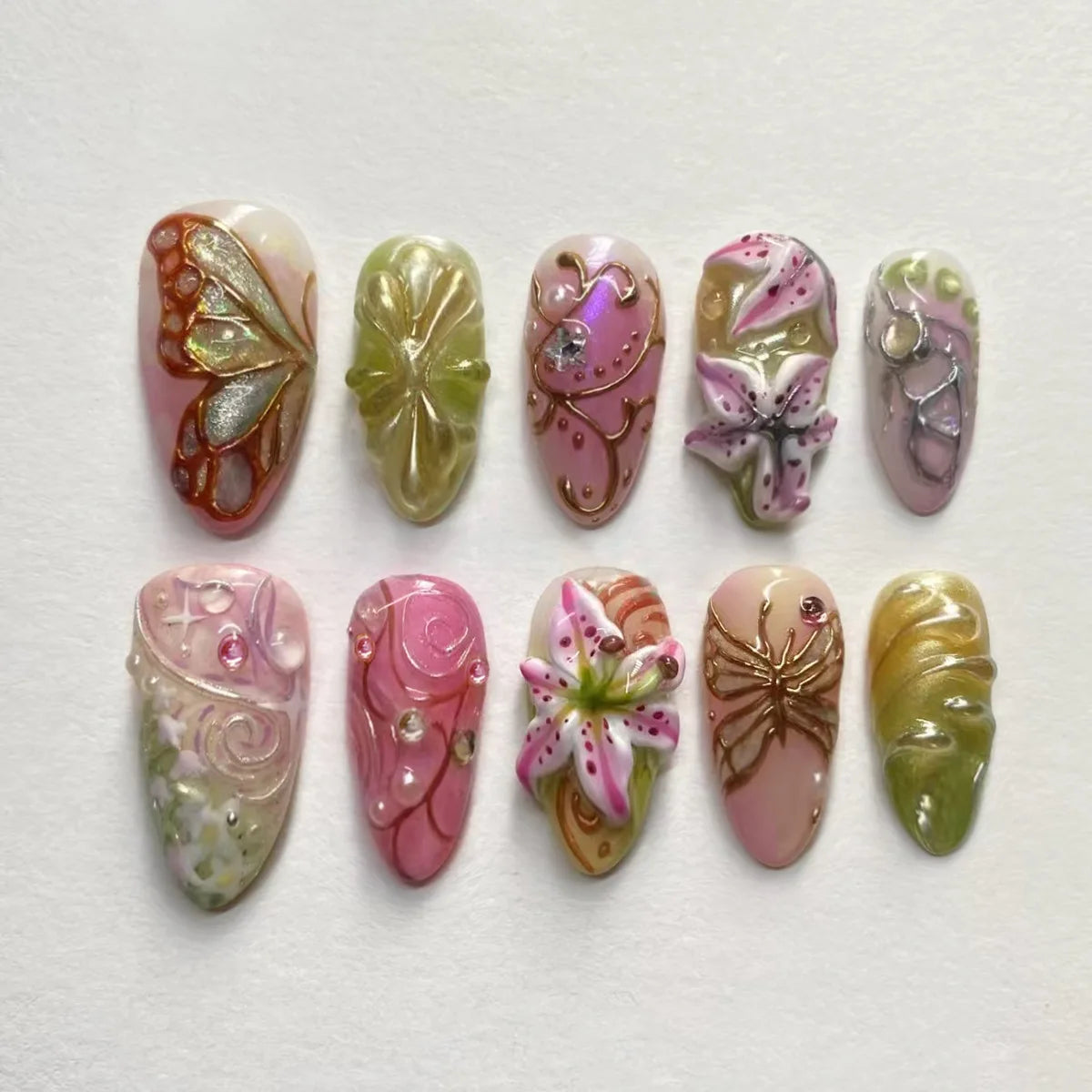 Pastel Butterfly and Lily Press On Nails with Gold Scrollwork and Rhinestones