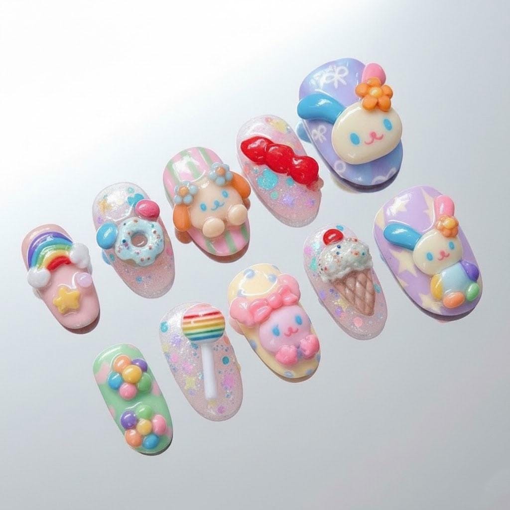 Pastel Candy and Dessert Nail Set with 3D Bunny Charms