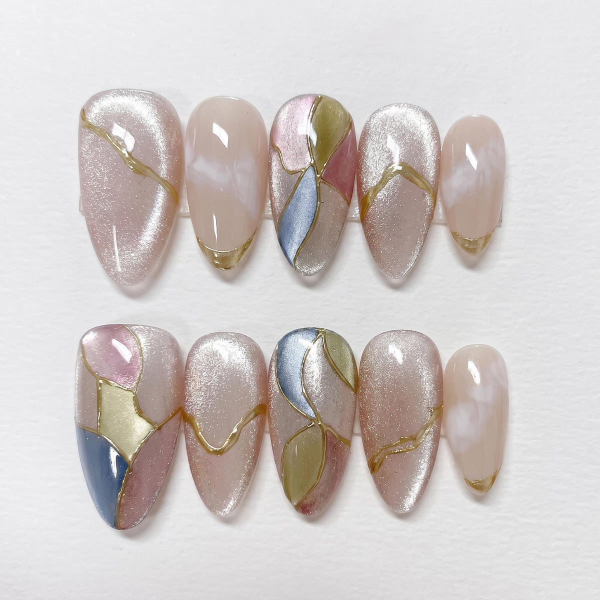Pastel Cat Eye Press On Nails With Abstract Gold-Line Patchwork