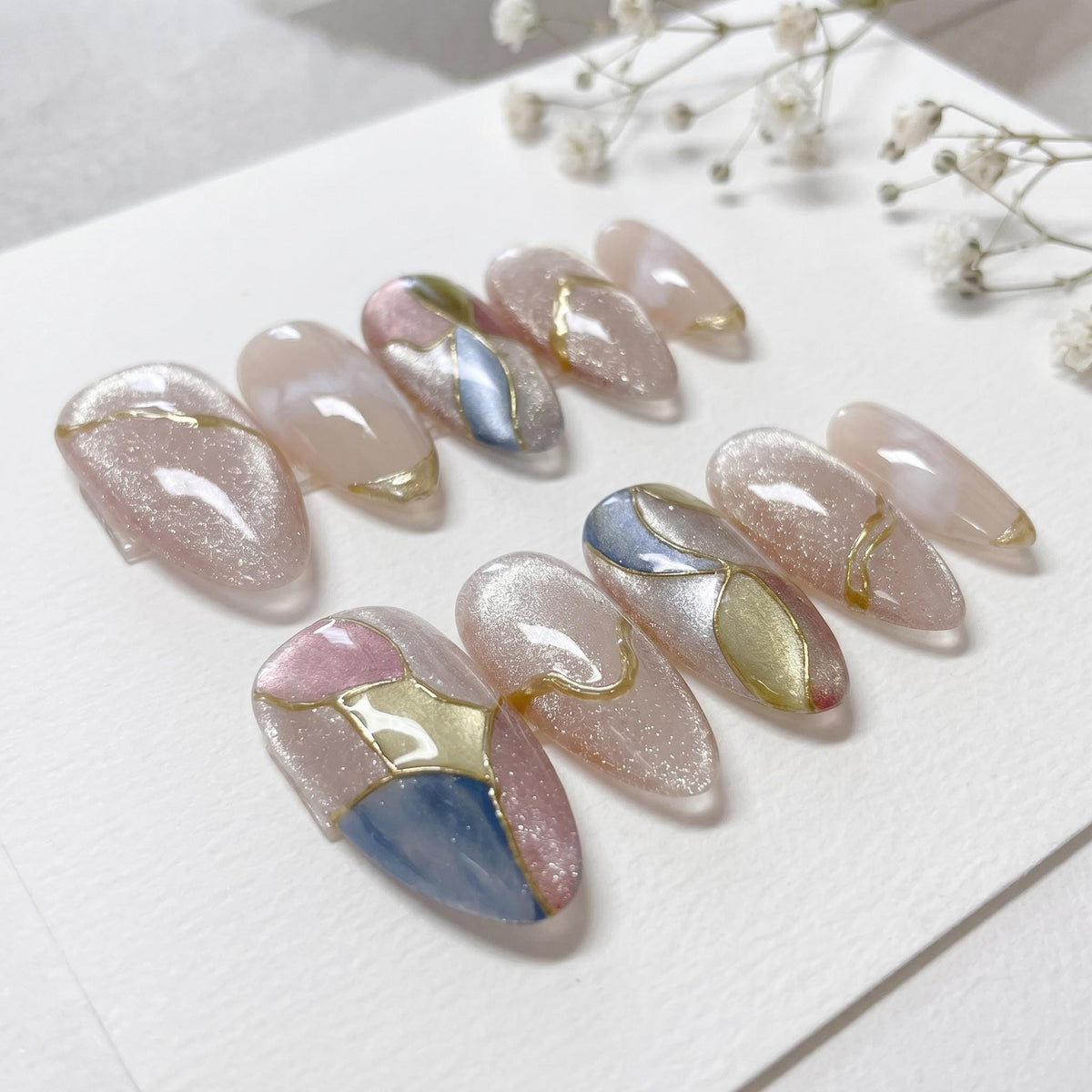 Pastel Cat Eye Press On Nails With Abstract Gold-Line Patchwork
