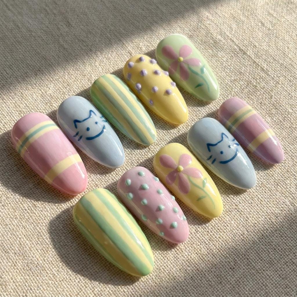 Pastel Cat, Flower, Stripe & Raised Dot Nail Set