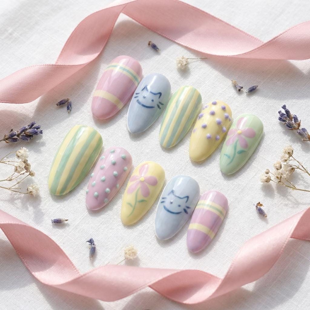 Pastel Cat, Flower, Stripe & Raised Dot Nail Set