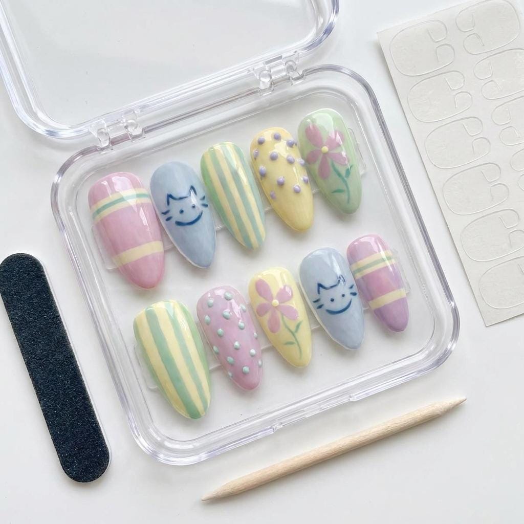 Pastel Cat, Flower, Stripe & Raised Dot Nail Set