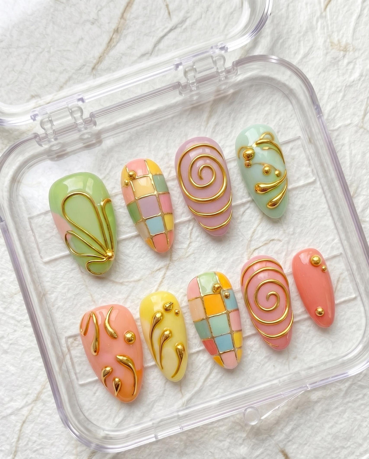 Pastel Checkerboard Press-On Nails With Raised Gold Swirls, Summer Nail Set